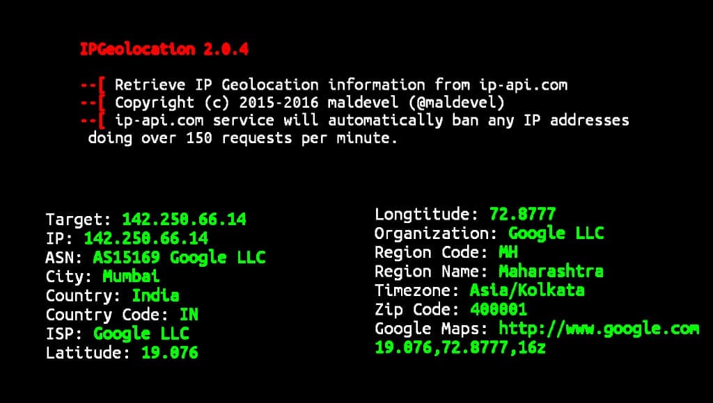 Ip geolocation in Termux installation and usage commands
