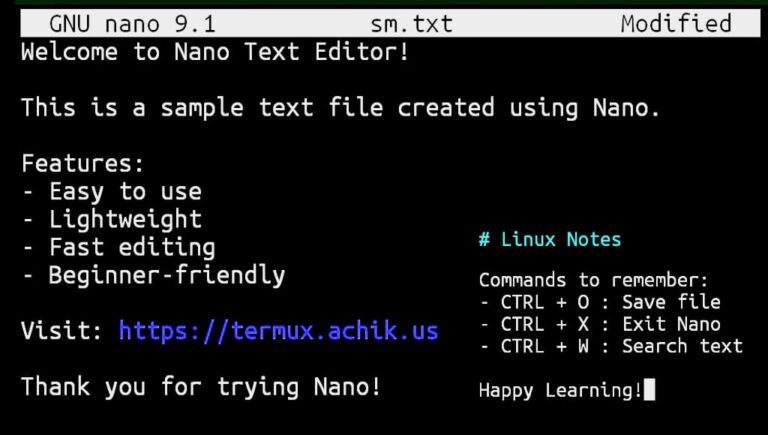 Nano text editor usage commands