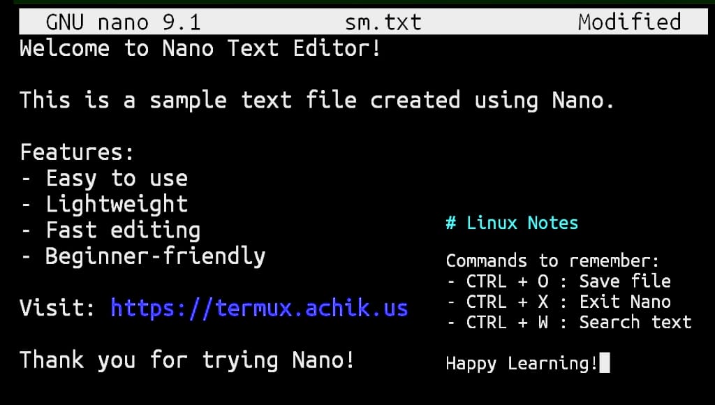 Nano text editor usage commands